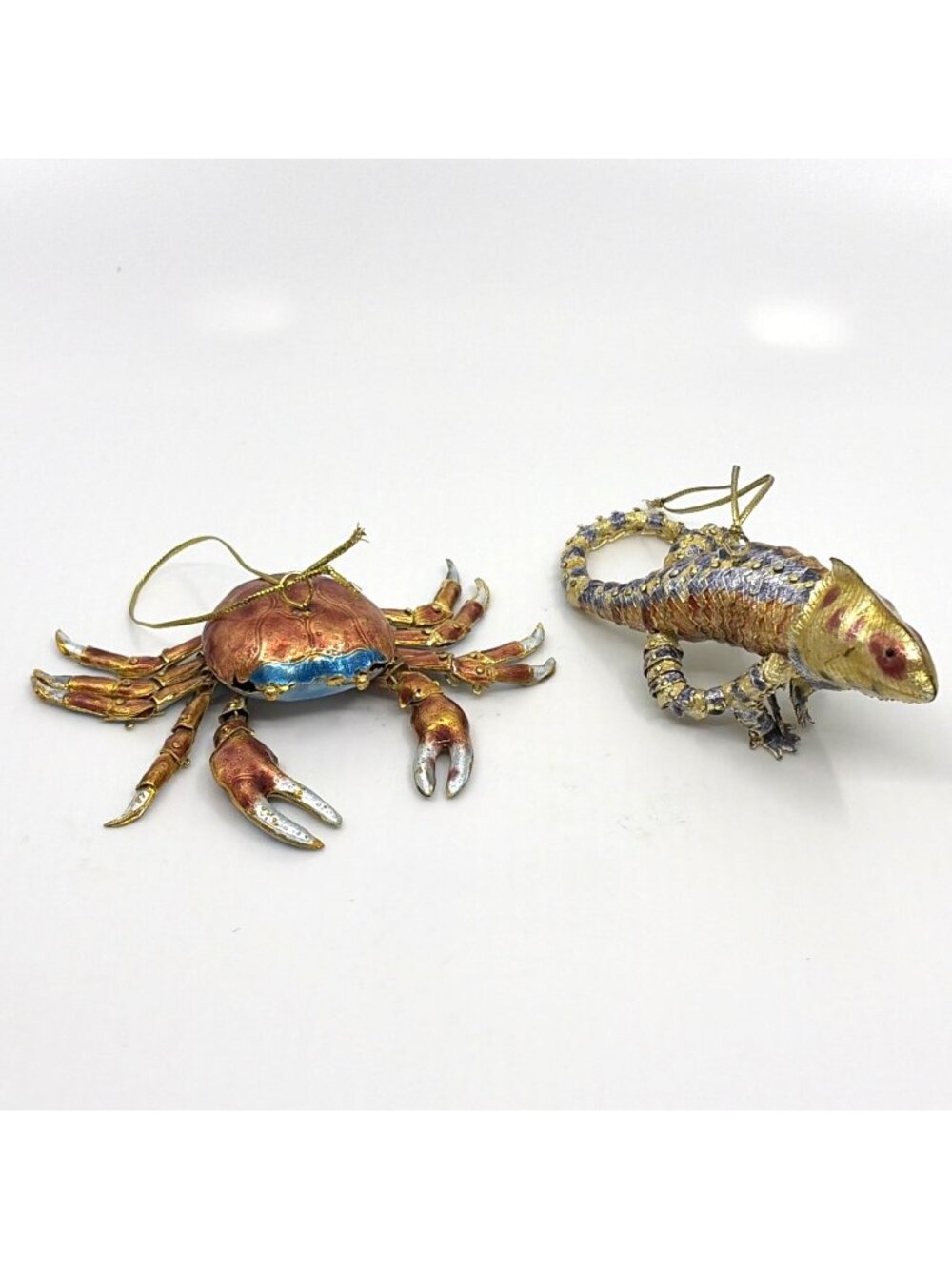 Vintage Cloisonne Enamel Articulated Crab & Lizard Christmas Ornaments Pair